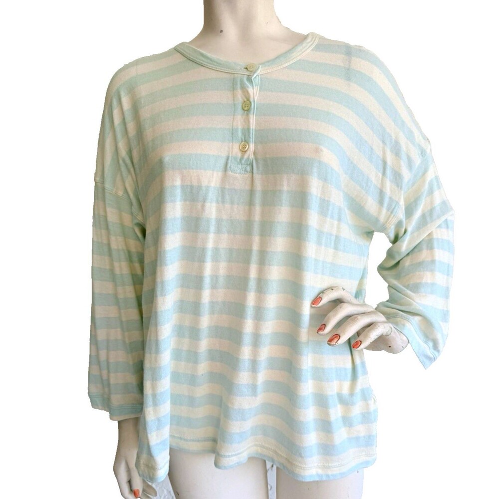 THE GREAT Blue White Striped Knit Henley Top Long Sleeve 100% Cotton Size 3